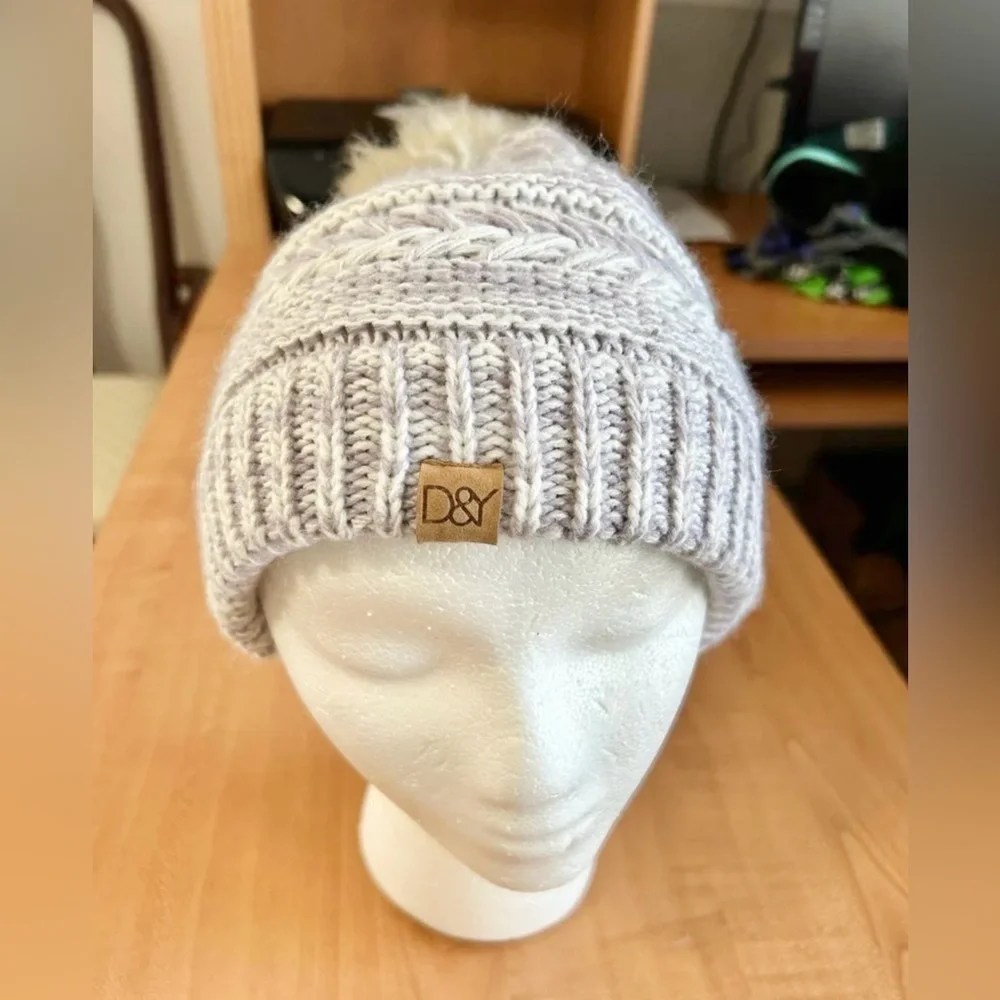 David & young beanie hat stocking faux fur cable knit cap